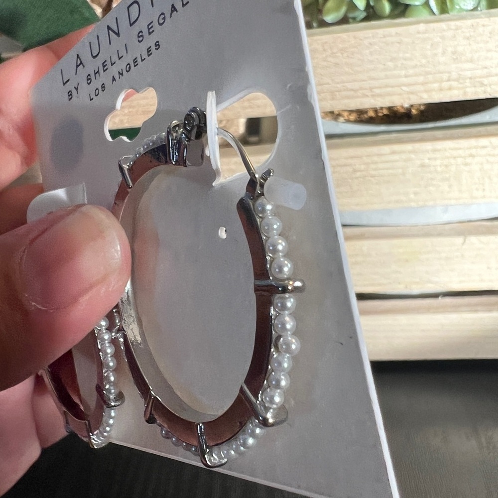 Laundry by Shelli Segal Silver Faux Pearls Hoop Earrings - Picture 5 of 5